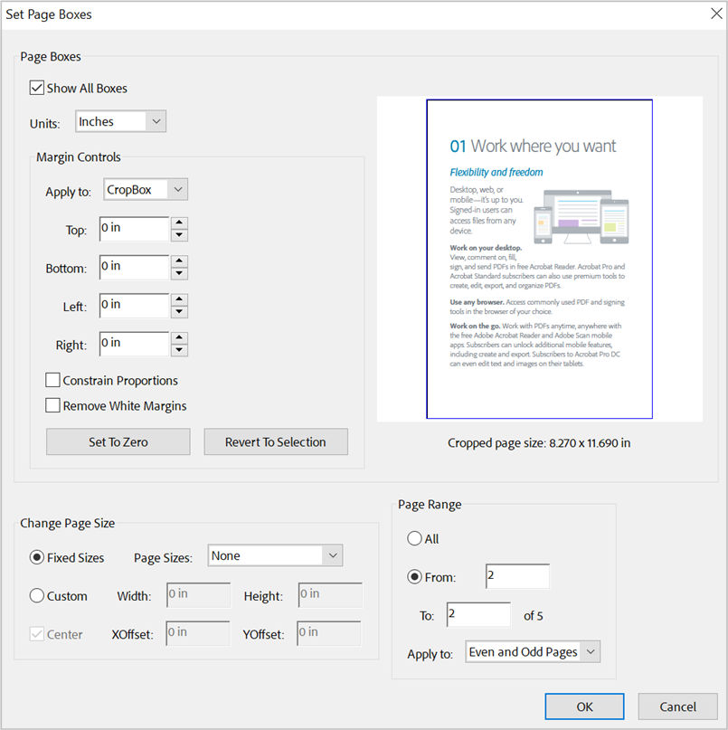 Set page boxes to crop Pdfs