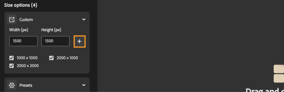 Under the Size options, three custom sizes are selected, and a new custom size of 1500x1500 is entered in the Width and Height fields. The add icon is highlighted to include the new custom size.