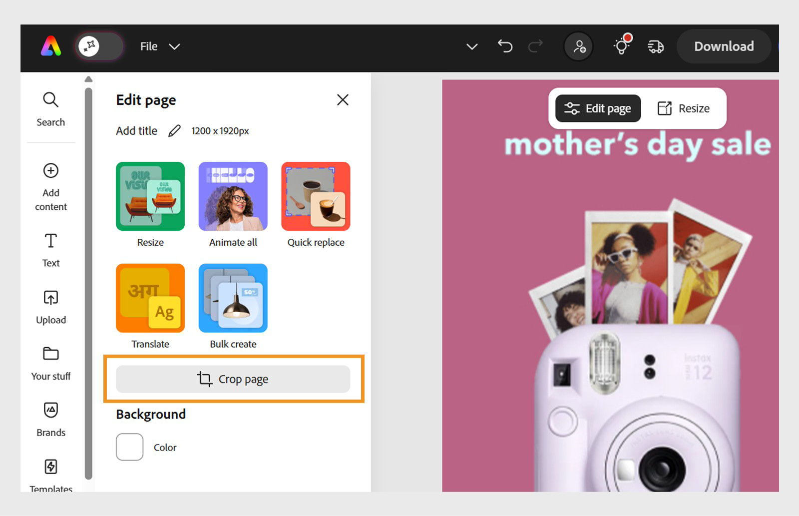 The Adobe Express editor shows the Crop page panel on the left. The Crop page option is highlighted with an orange border. The panel includes option to enter custom width and height. 