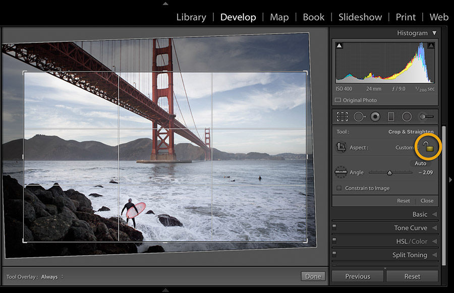 Locking the crop aspect ratio constrains the cropped image to the same dimensions as the original image. 