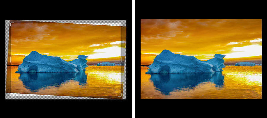Side by side photos of a glacier showing crop and straighten in progress and the resulting image