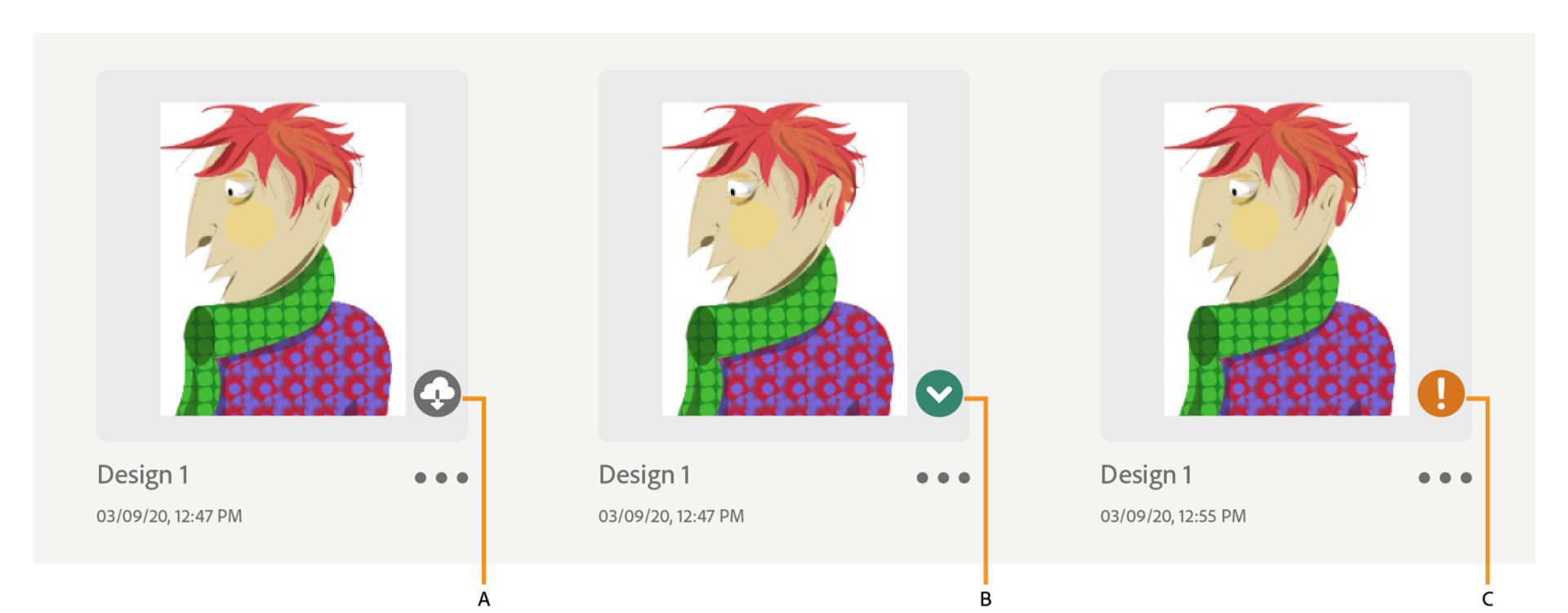 Cloud document icons for online, offline, and conflict file