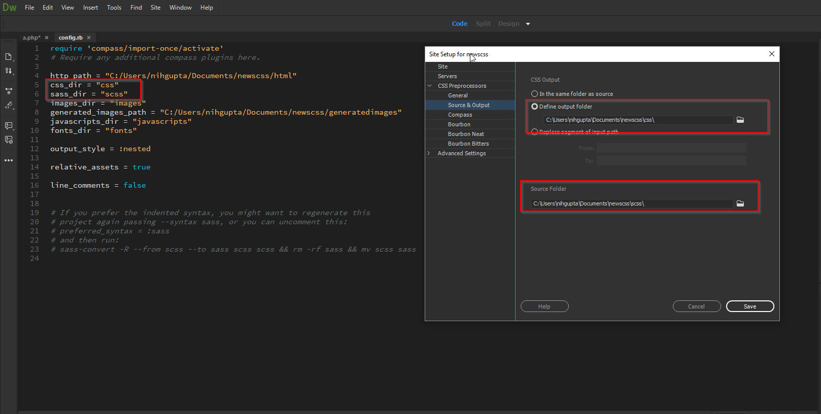 Set Source & Output settings for Compass