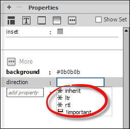Code hints in CSS Designer