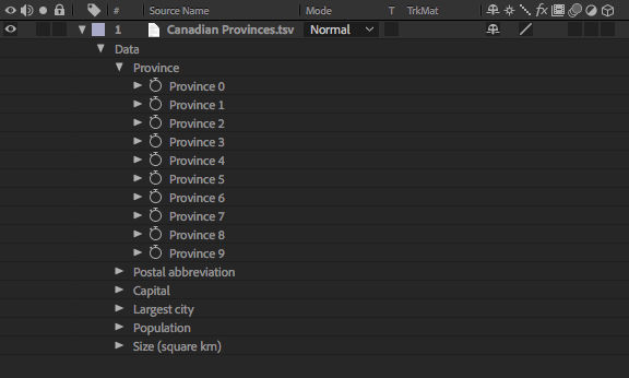 CSV and TSV Data properties group in the Timeline panel