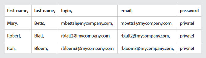 Example csv import file