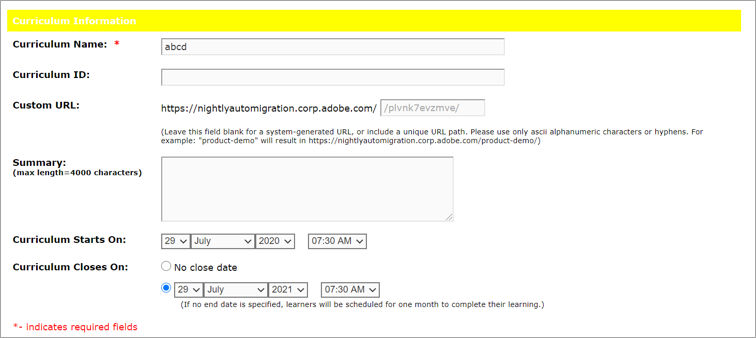 Use the Curriculum Information page to add a name and details about a curriculum.