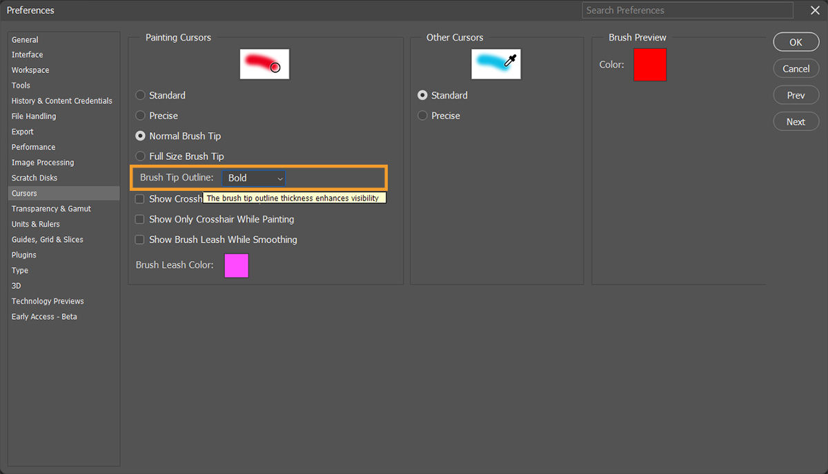 Cursor preferences in Photoshop