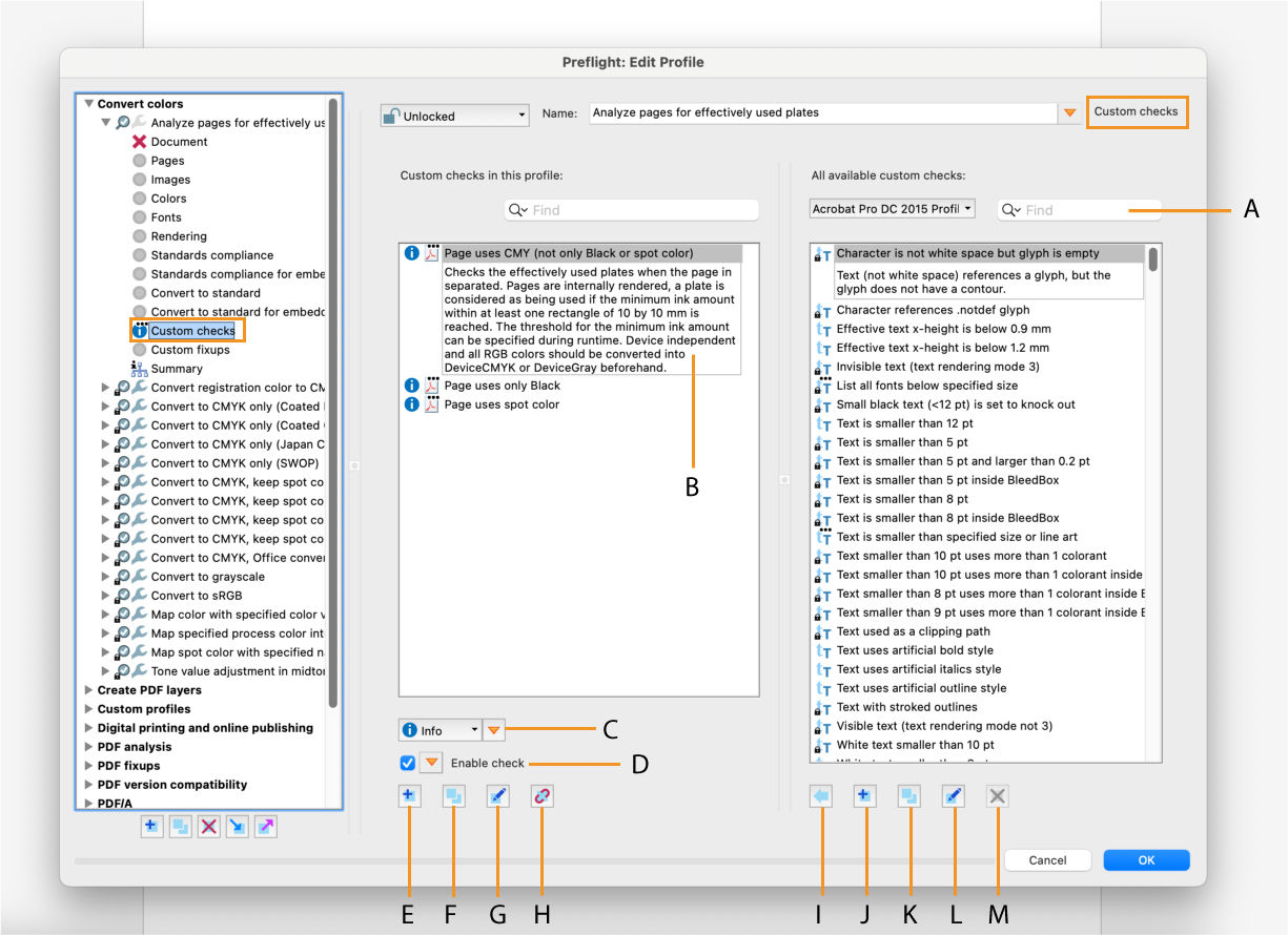 The Preflight dialog box is shown and the features of custom checks are highlighted