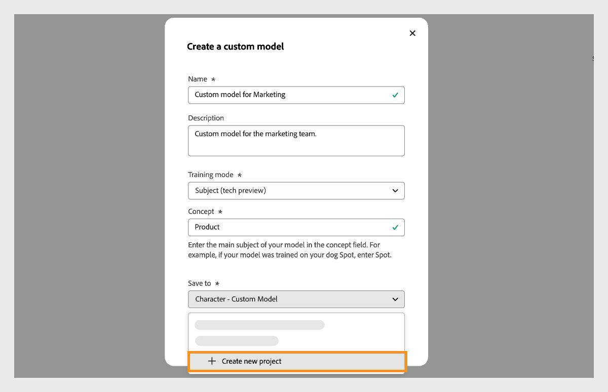 The Create custom model dialog box is open and it has a name and a description. It also has an option to select where the custom model project is to be saved.