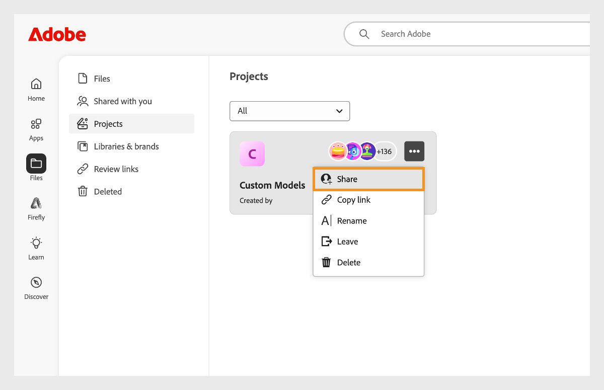 The Files tab is selected, and the Projects tab is open. The custom model menu is displayed with the Share option highlighted.