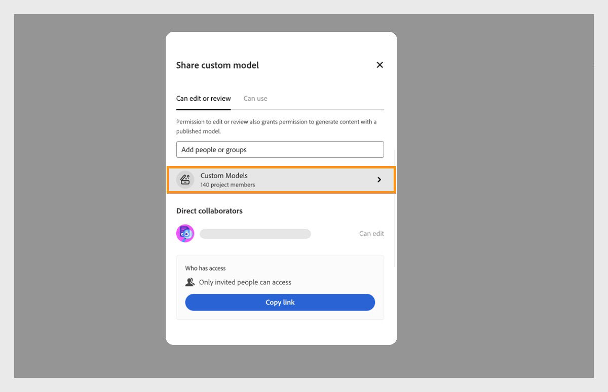 The Share custom model dialog box is open, offering several options like adding new people and copying the link to the custom model for sharing.