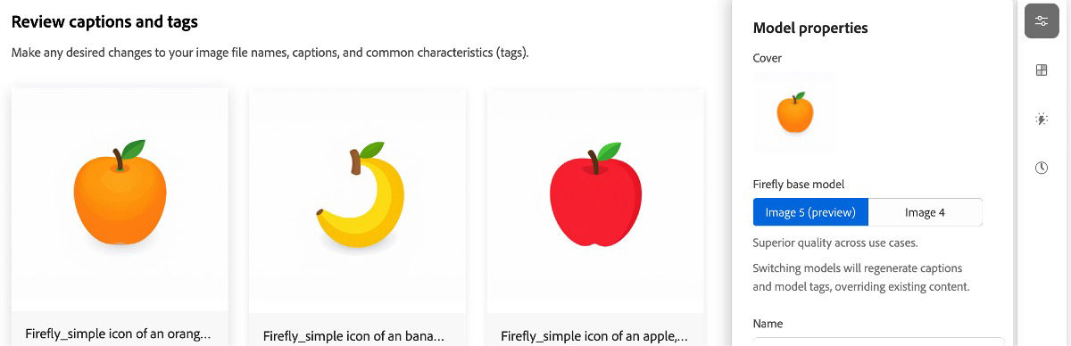 Custom model review displays three simple icons with editable captions and tags, and the Model properties side panel.