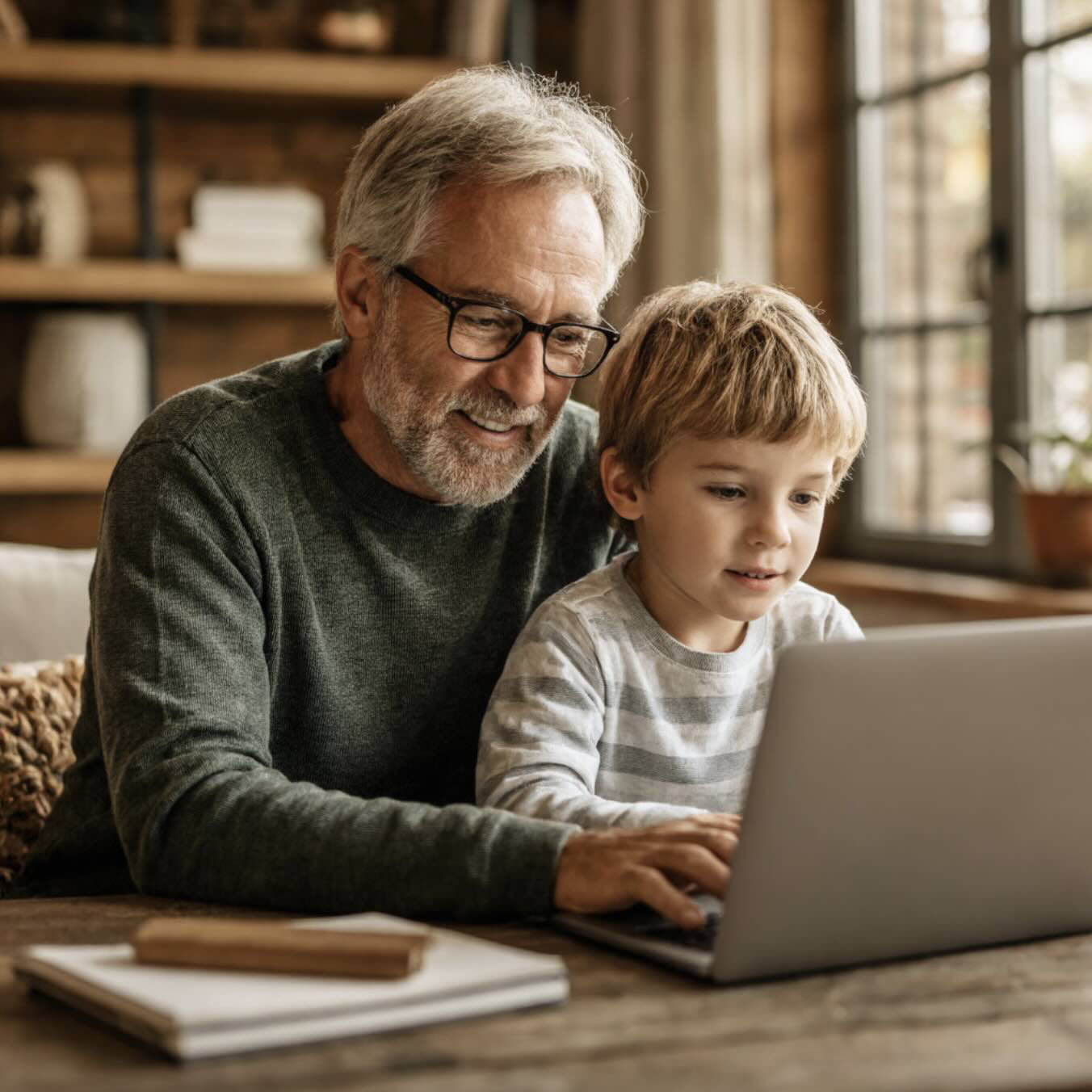 An image generated using custom models trained on the Firefly Image Model 4. It depicts an elderly man with glasses and a gray beard sitting with a young boy, both focused on a laptop screen in a cozy home setting with bookshelves in the background.