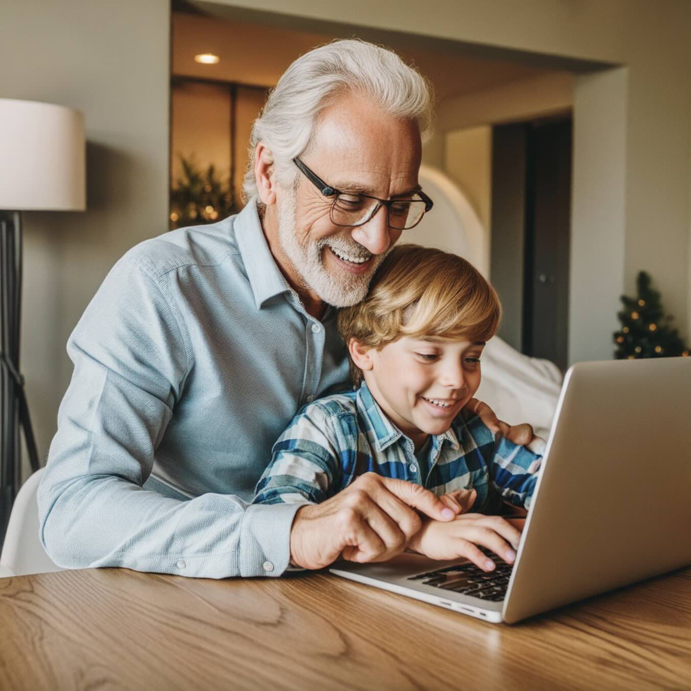An image generated using custom models trained on the Firefly Image Model 3. It depicts an elderly man with glasses and a gray beard sitting with a young boy, both focused on a laptop screen in a cozy home setting with bookshelves in the background.