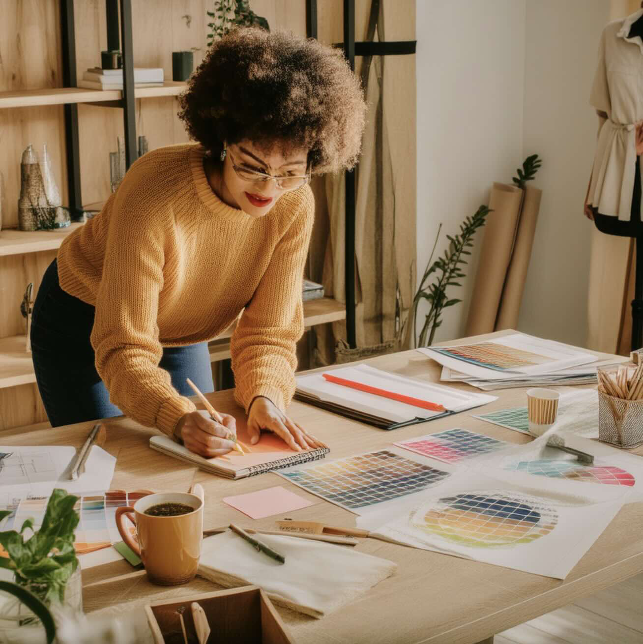 An image generated using Custom Models trained on the Firefly Image Model 3. It depicts a woman sketching designs at a desk surrounded by color swatches, mood boards, and a clothing rack, illustrating a creative workspace for fashion or interior design.