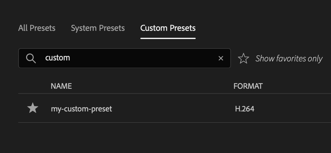 Preset saved in the Custom Presets section of the Preset Manager
