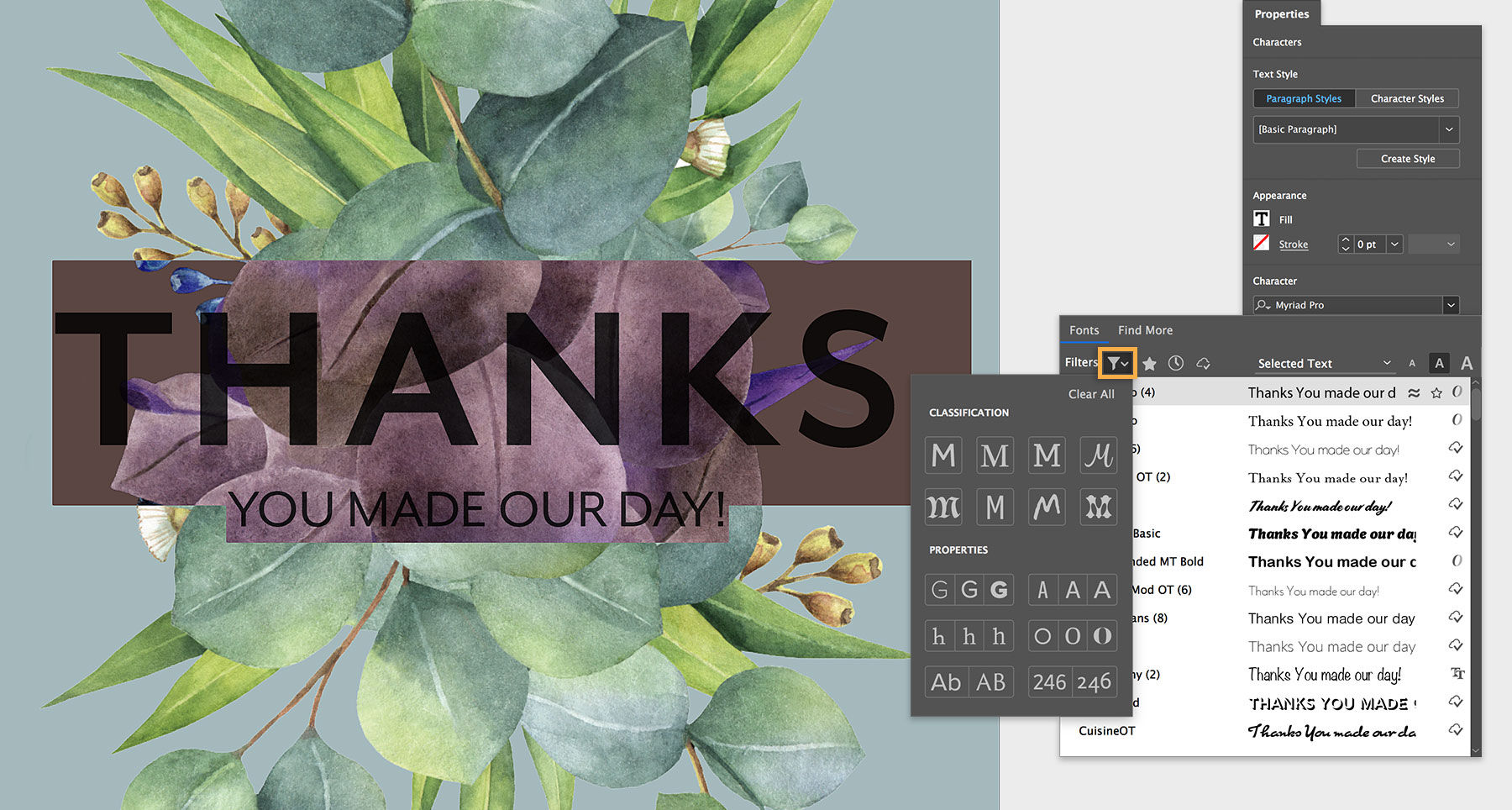 “Thanks You made our day!” appears over the greenery. Fonts can be filtered by classification in the Adobe Fonts library.