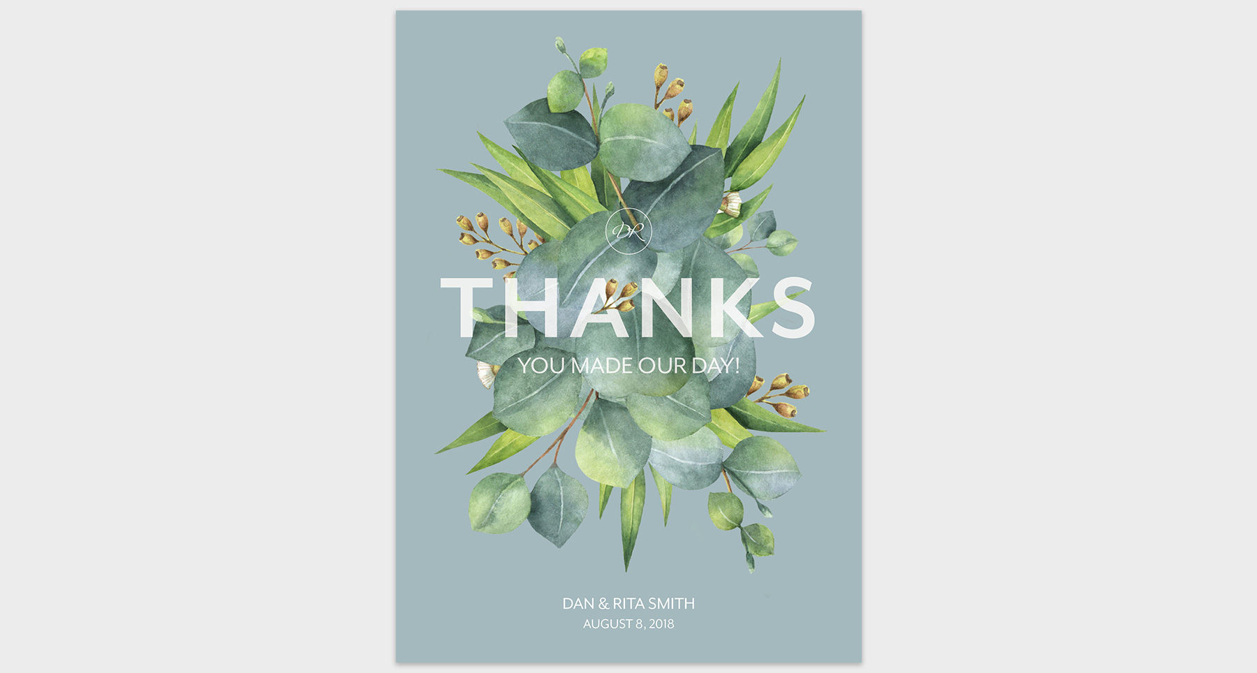 Completed card with “Thanks You made our day!” appearing over the greenery on a blue background.