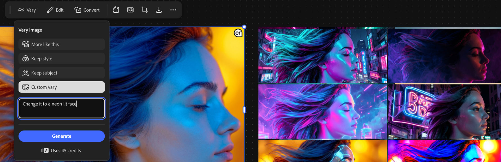 The Firefly web app with an image selected and the Vary image panel open. The Custom vary option is selected, and the prompt field contains "Change it to a neon lit face." A Generate button appears below the prompt. On the right, multiple generated image variations show the original portrait transformed with colorful neon lighting while maintaining the subject's composition and style.