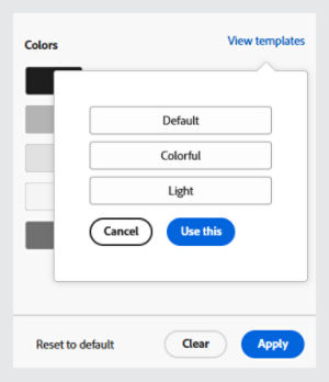 Color palette showing options to view templates, apply, reset to default, and cancel