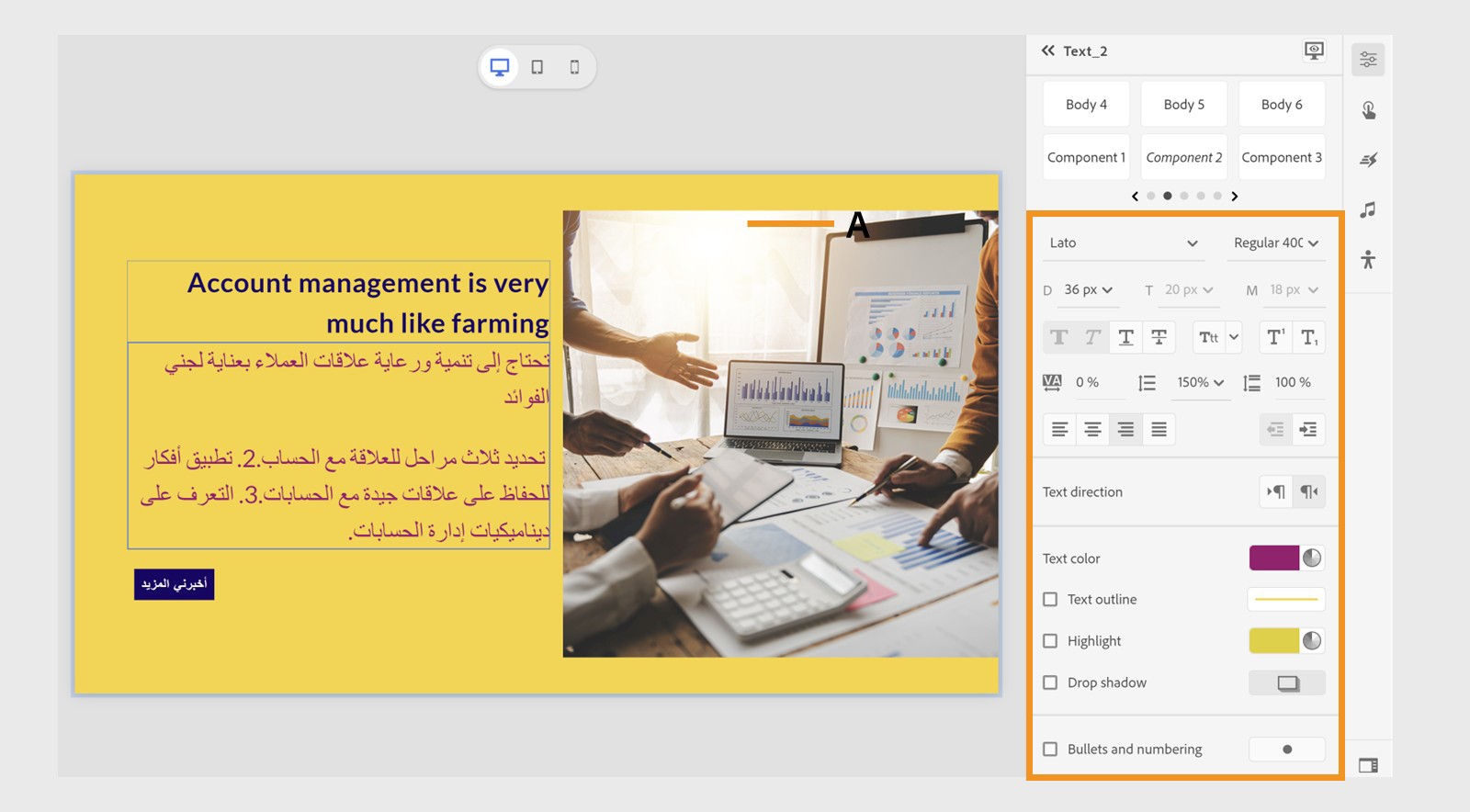 Customize RTL text formatting from the Visual properties panel