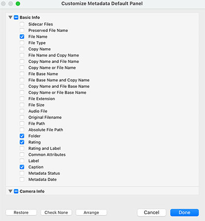 Customize default metadata panel