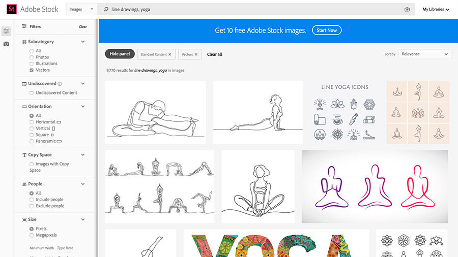 Adobe Stock website shown in browser with ‘line drawings yoga’ entered in the search field