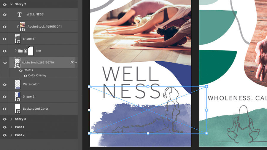 Placement of the yoga vector artwork from Illustrator as a Smart Object into the Photoshop artboard