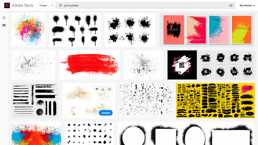 Adobe Stock website shown in browser with ‘paint splatter’ entered in the search field