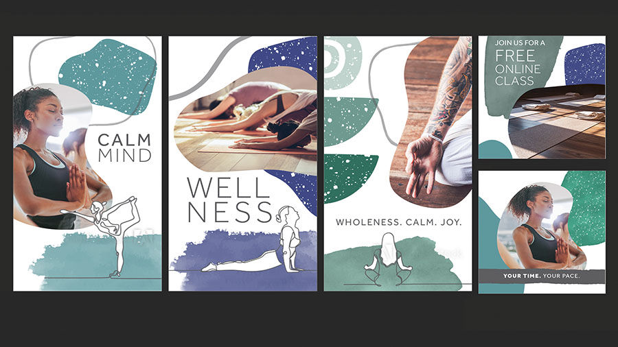 A series of Photoshop social media post layouts for a yoga studio with unique hand-drawn art and textures