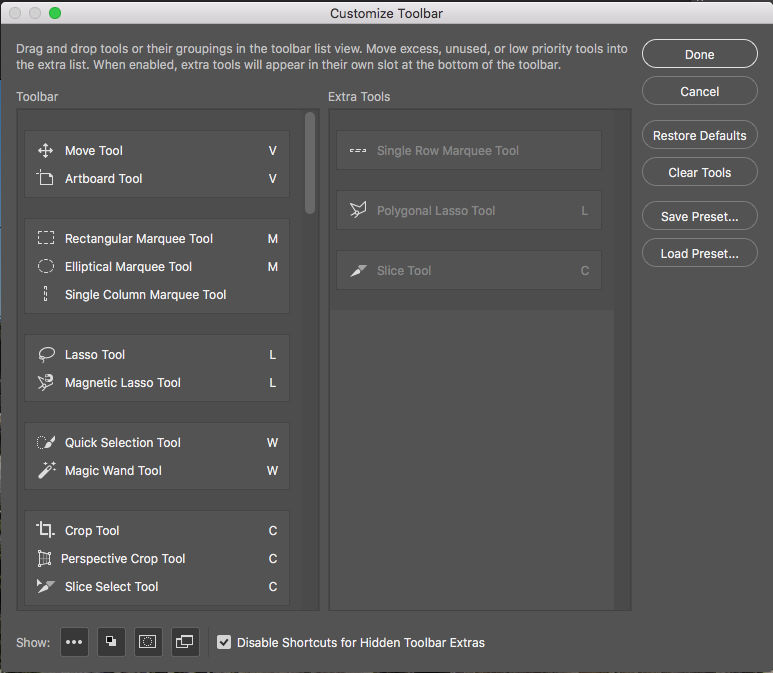 Photoshop Customize Toolbar dialog