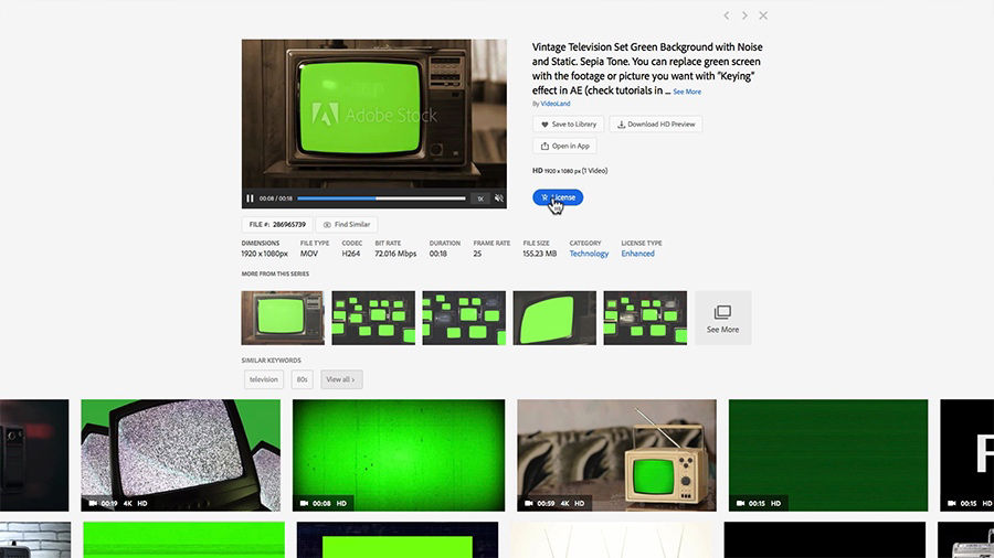 A screen shot of the Adobe Stock search results page shows the user is hovering the mouse over the button to license a clip titled “Vintage Television Set Green Screen Background With Noise And Static”