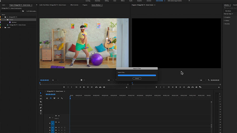 In an Adobe Premiere Pro desktop screenshot, the Source Monitor shows a hipster doing arm curls with leightweight dumbells in a bedroom next to a purple exercise ball, while the Import Files progress bar fills up in the foreground