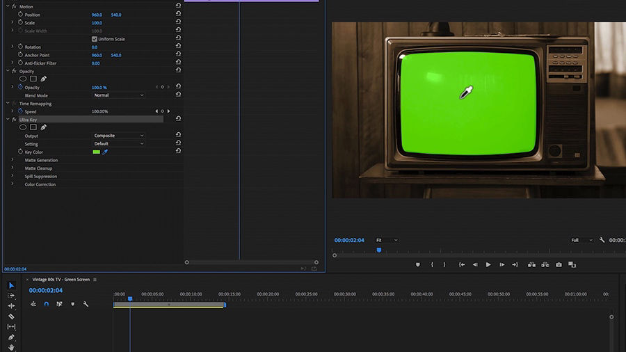 In an Adobe Premiere Pro desktop screenshot, the editor is using the eye dropper tool from the Ultra Key effect to select the green screen on a vintage CRT television screen which sits on a small table in front of a wood paneled wall