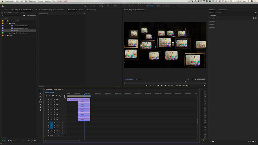 In an Adobe Premiere Pro desktop screenshot, a composited image of fifteen duplicate shots of a hipster doing arm curls with leightweight dumbells onto vintage television sets in the Program panel while the timeline shows the duplicate clps stacked on video tracks