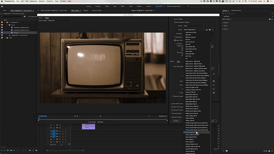 In an Adobe Premiere Pro desktop screenshot, the editor selects the Vimeo 1080p HD Vimeo preset in the Export dialogue box for the .h264 format setting