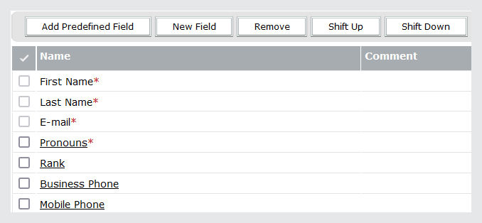 Screen for customizing the user profile fields