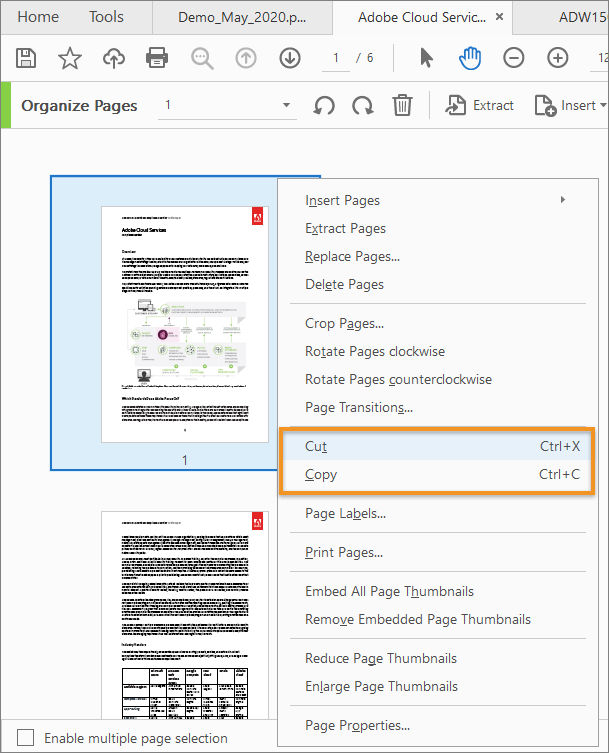 Cut, Copy from Organize tool page thumbnails