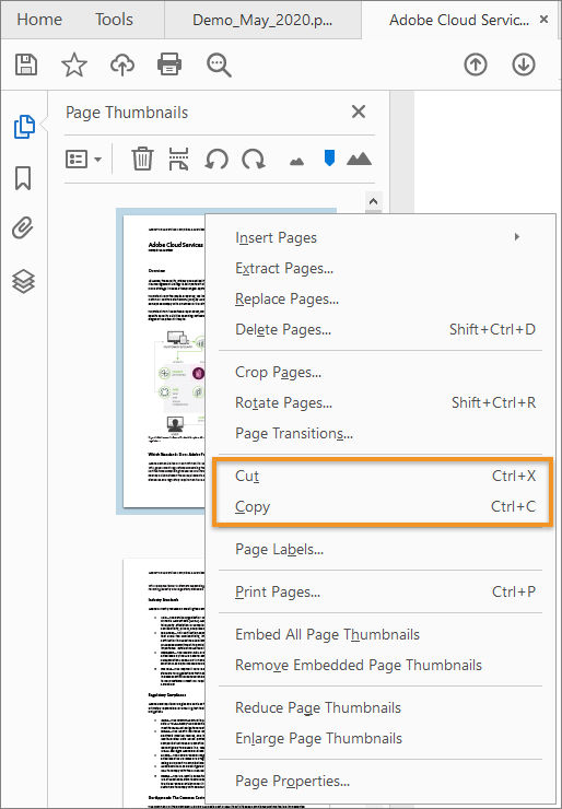 Cut, Copy from the page thumbnails context menu
