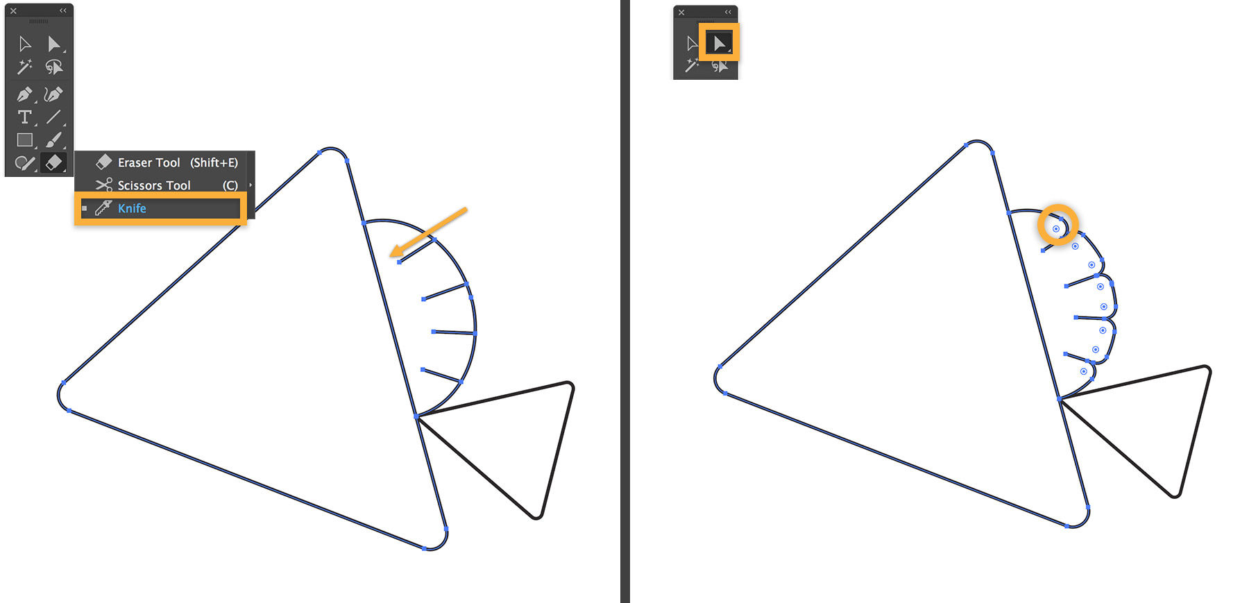 Triangles and semi-circles are arranged to create fish. The knife tool creates detail on the fin, and the corners are rounded