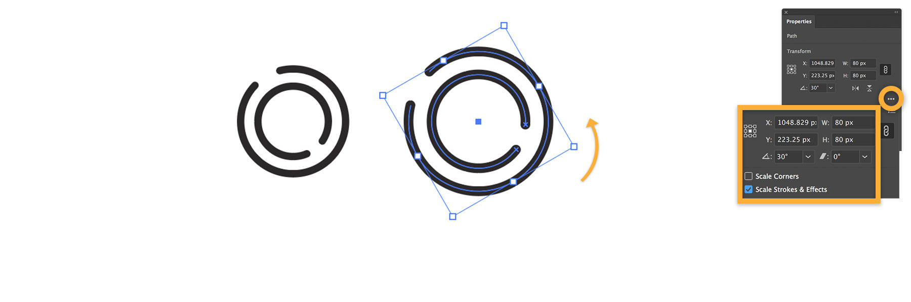 The bubbles are duplicated and transformed using the bounding box handles, or by the Transform menu in the Properties panel