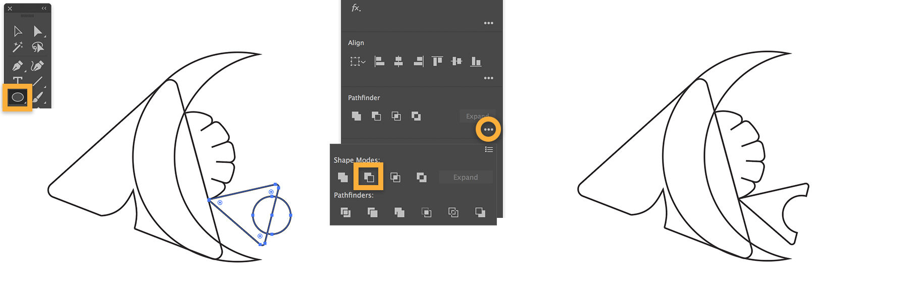 A tail fin is made by subtracting a circle from a triangle using the Pathfinder tool.