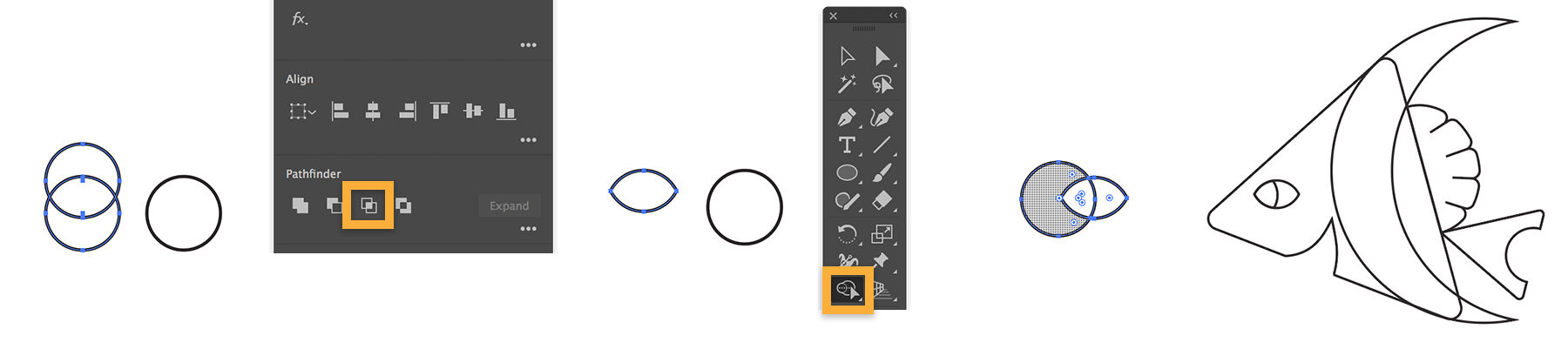 An eye is made by intersecting two circles using the Pathfinder section. The iris is made with the Shape Builder tool. 