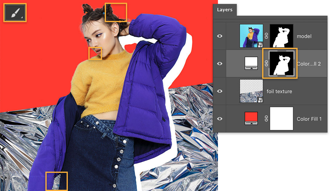 Brush tool displays upper left; color fill mask selected, callouts around hair, mouth, and right arm