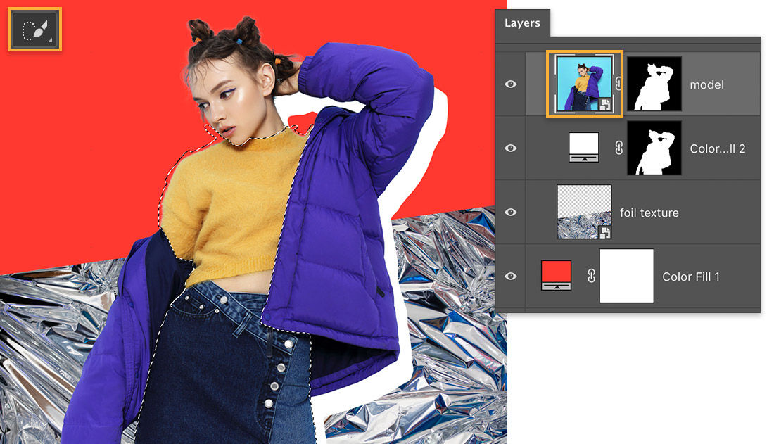 Quick Selection tool in upper left, marching ants around center of model’s body below her neck