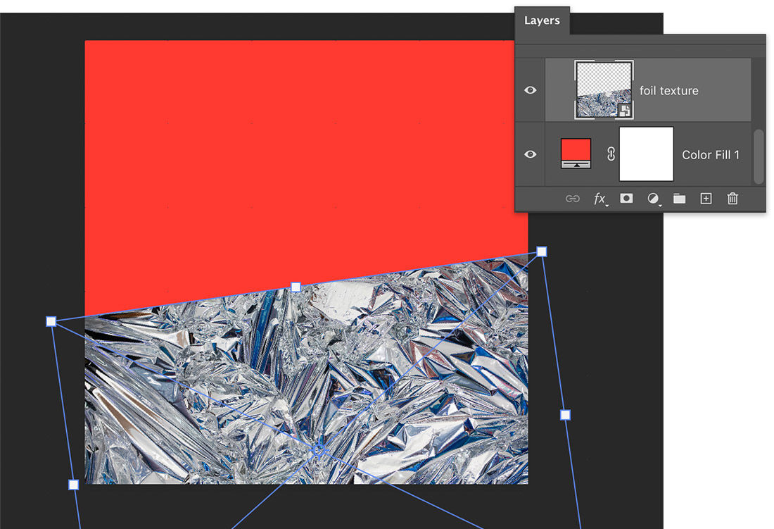 Layers panel shows foil texture & red color fill, canvas shows red background & rotated foil image with transform boundaries