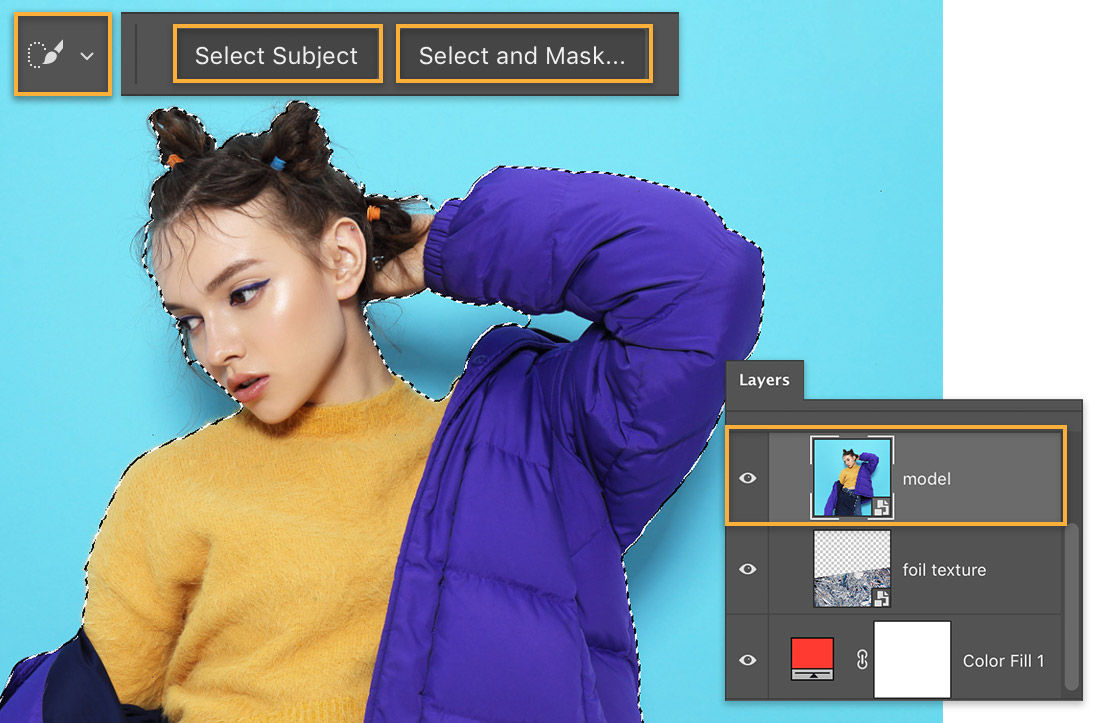 Layers panel has model image, model is on blue background, Quick Selection tool, Select Subject, Select & Mask display at top