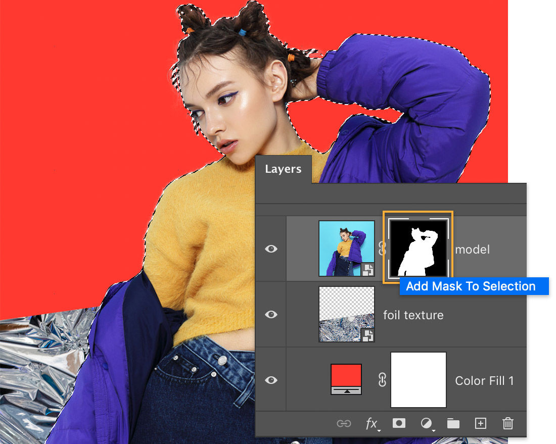 Mask thumbnail on model layer has Add Mask to Selection on a blue label; marching ants around the edges of the model