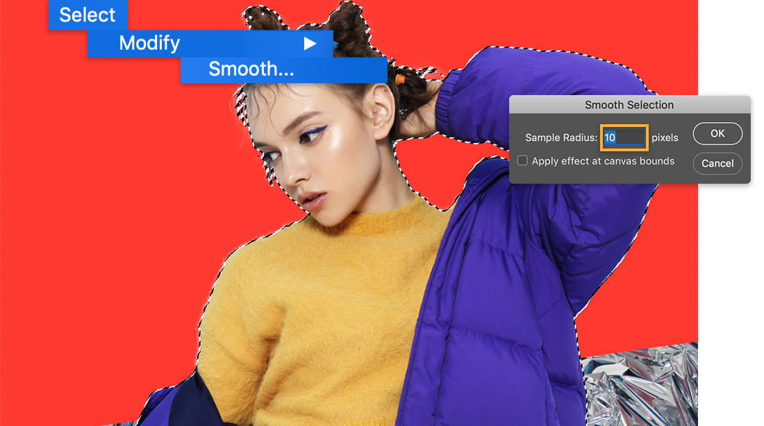 Menu selection over model shows Select > Modify > Smooth; Smooth Selection dialog shows Sample Radius set to 10